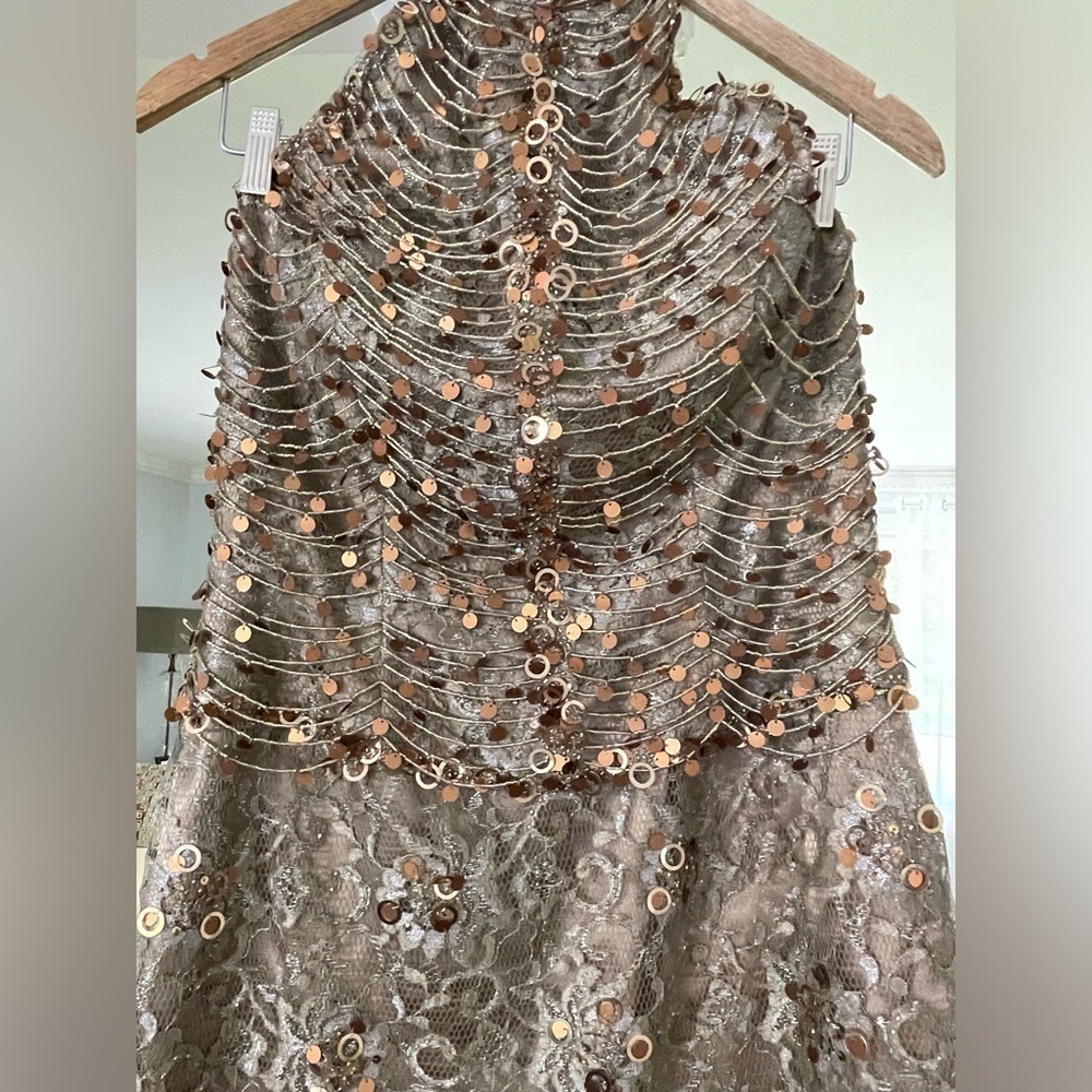 Tina di Montella women’s Lace sequins and beads champagne Halter neck dress S 12 - Picture 3 of 10